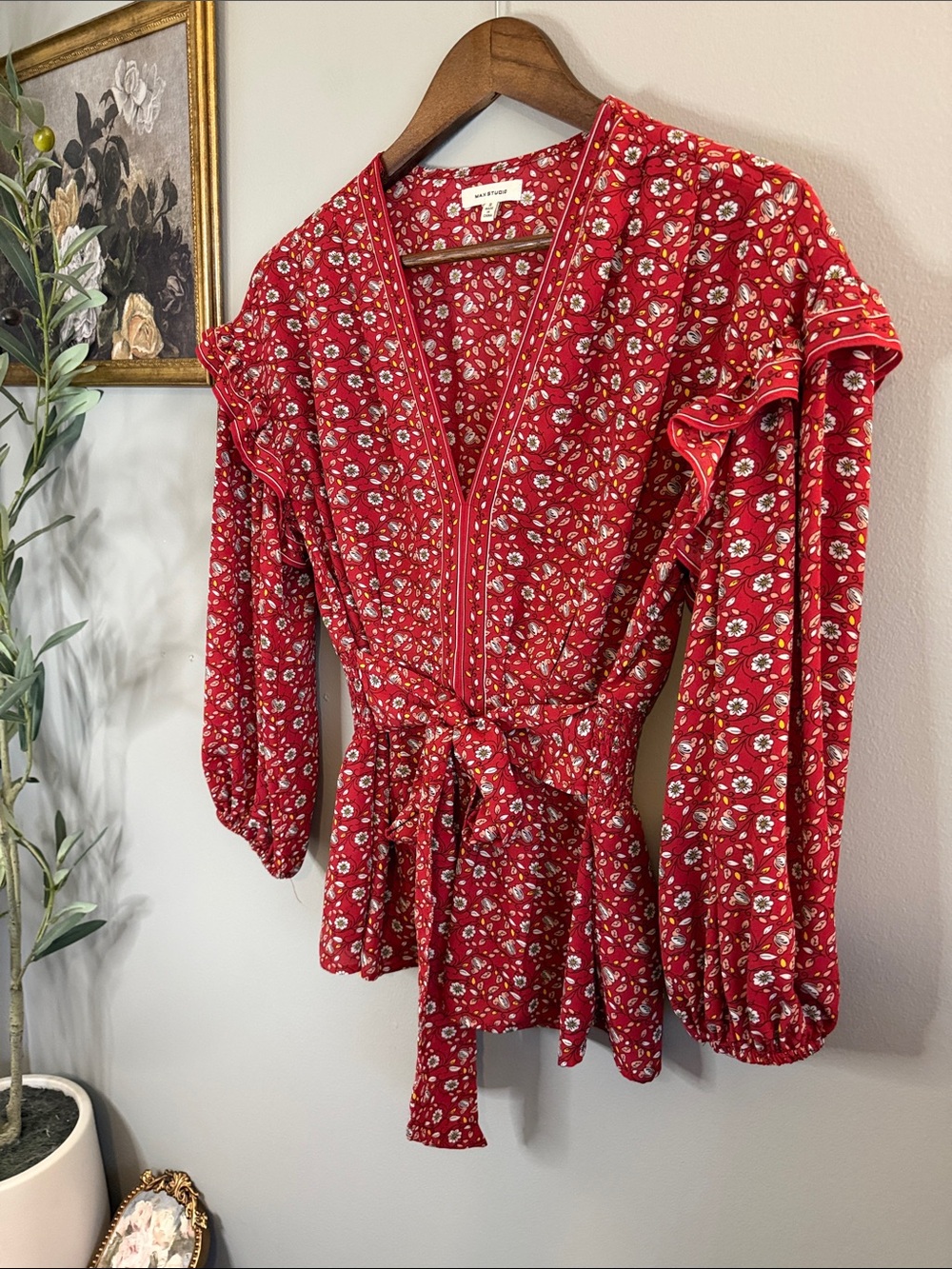 Max Studio Floral Tie Waist Peplum Blouse Red Ruffle Sleeve Boho Top Small - Picture 6 of 8